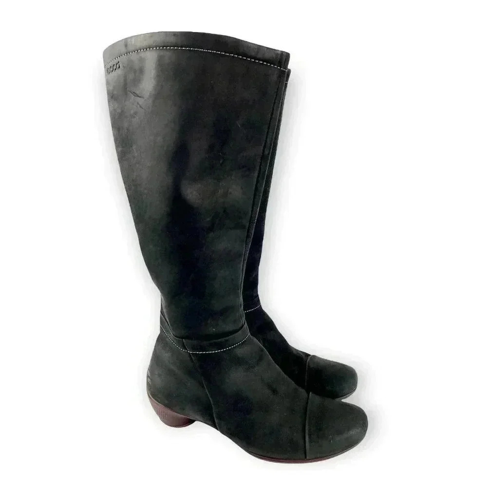 ECCO Women's Black Suede Leather Tall Boot‎ Brown Heel Sz 5 5.5 EU 36 Zip